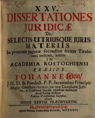 XXV dissertationes iuridicae de selectis utriusque iuris materiis