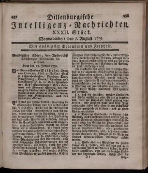 XXXII. Stück. Sonnabends: den 7. August 1779.
