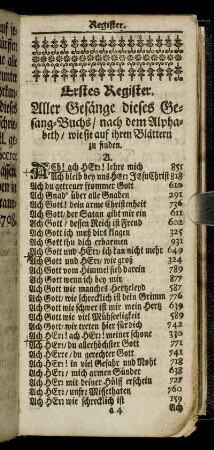Erstes Register. Aller Gesänge dieses Gesang-Buchs/ nach dem Alphabeth/ wie sie auf ihren Blättern zu finden.