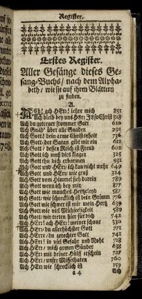 Erstes Register. Aller Gesänge dieses Gesang-Buchs/ nach dem Alphabeth/ wie sie auf ihren Blättern zu finden.