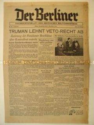 Tageszeitung der britischen Militärbehörde für die Berliner Bevölkerung u.a. zum Potsdamer Abkommen