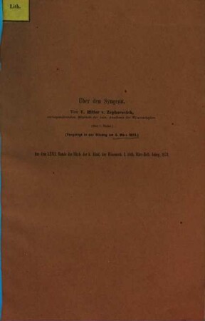 Separatabdrücke aus den Sitzungsberichten der Kais. Akademie der Wissenschaften in Wien, math.-naturwiss. Cl. : In 1 vol., 15