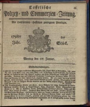2tes Stueck, Montag den 8ten Januar 1798