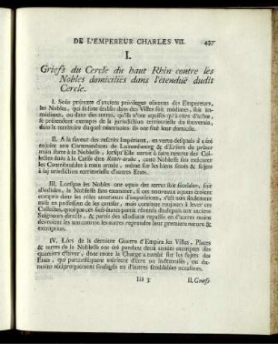 I. Griefs du Cercle du haut Rhin contre les Nobles domiciliés dans l'étendue dudit Cercle.