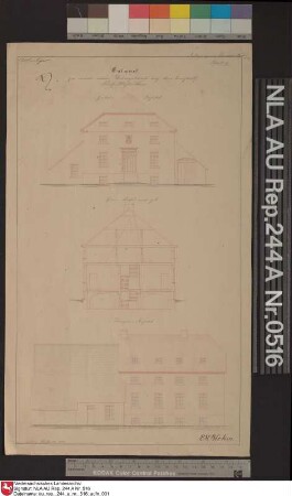 Ansichten und Profil vom Wohnhaus der Domäne Kloster Schoo bei SCHOO Kolorierte Zeichnung von H. Balke Papier Format 24,6x42,6 M 1:130