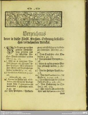 Verzeichnis derer in dieser Fürstl. Kirchen-Ordnung befindlichen vornehmsten Artickul