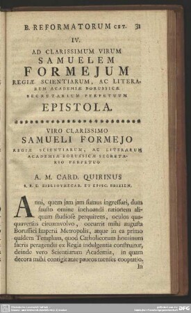 IV. Ad Clarissimum Virum Samuelem Formejum Regiae Scientiarum, Ac Literarum Academiae Borussicae Secretarium Perpetuum Epistola