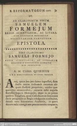 IV. Ad Clarissimum Virum Samuelem Formejum Regiae Scientiarum, Ac Literarum Academiae Borussicae Secretarium Perpetuum Epistola