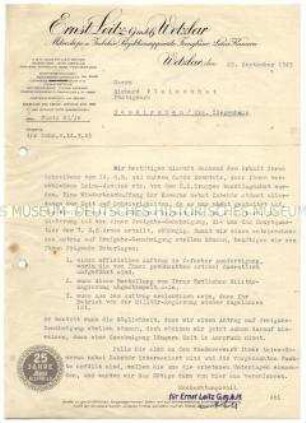 Brief eines Herstellers von Foto-Geräten zu den besatzungsrechtlichen Bestimmungen des Verkaufs von Kameras und Zubehör - Nachlass