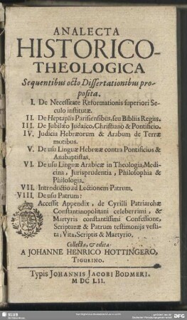 Analecta Historico-Theologica : ... octo Dissertationibus proposita