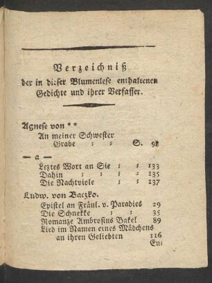 Verzeichniß der in dieser Blumenlese enthaltenen Gedichte und ihrer Verfasser