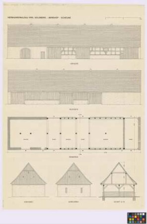 Hermannswaldau (Kreis Goldberg): Berghof. Scheune (zwei Seiten-Ansichten, zwei Giebel-Ansichten, Grundriss, Querschnitt A-B)