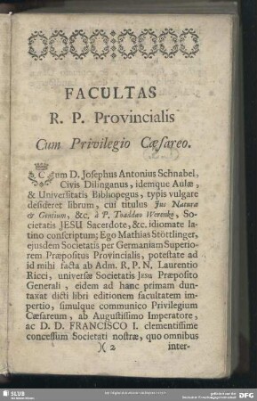 Facultas R. P. Provincialis Cum Privilegio Caesareo
