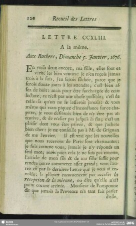 Lettre CCXLIII. A la même. Aux Rochers, Dimanche 5. Janvier, 1676