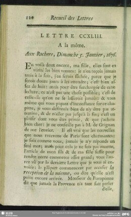 Lettre CCXLIII. A la même. Aux Rochers, Dimanche 5. Janvier, 1676