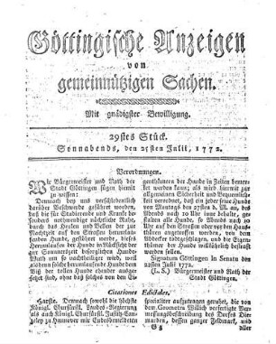 29tes Stück. Sonnabends, den 25sten Julii, 1772.