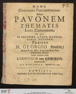 Gymnasma Philosophicum, Sistens Pavonem Thematis Loco Elaboratum