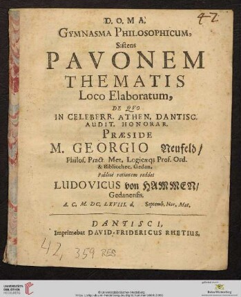 Gymnasma Philosophicum, Sistens Pavonem Thematis Loco Elaboratum