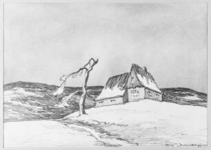 Gehöft in Landschaft : Bernkopf, Georg: Gehöft in Landschaft auf einer Kuppe mit Windflüchter. Kohlezeichnung, bezeichnet "Bernkopf."