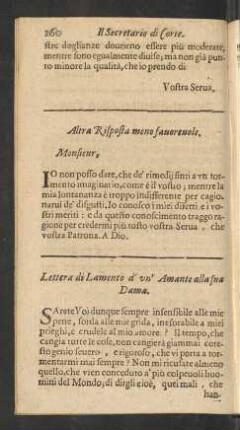 Lettera di Lamento d' un' Amante alla sua Dama.