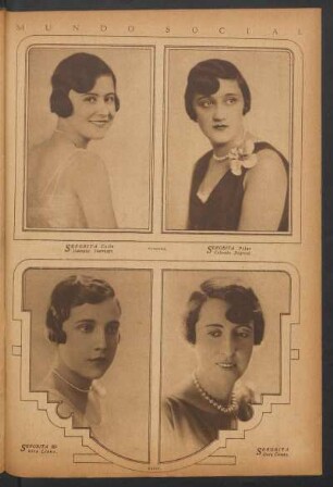 Mundo social : [Retratos fotográficos de] Señorita Celia Danuzzo Iturraspe, Señorita Pilar Colombo Degreef, Señorita Elvira Llano [y] Señorita Dora Camps. - [Fotografías de Witcomb y Kasay]