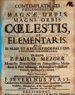 Contemplationes philosophicae magnae urbis, magni orbis coelestis et elementaris