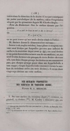 Sur quelques propriétes des surfaces du troisième ordre.