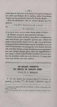Sur quelques propriétes des surfaces du troisième ordre.