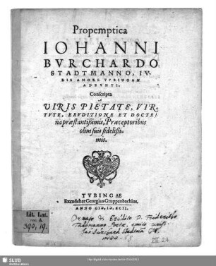 Propemptica Iohanni Bvrchardo Stadtmanno, Iuris Amore Tvbingam Adevnti