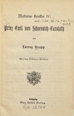 Prinz Emil von Schoenaich-Carolath : Mit d. Dichters Bildn.