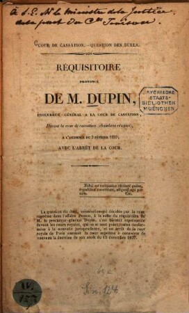 Réquisitoire prononcé de M. Dupin, ... Devant la cour de cassation  à l'audience du 2 février 1839, avec l'arrêt de la cour