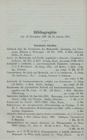 Bibliographie vom 16. November 1880 bis 31. Januar 1881.