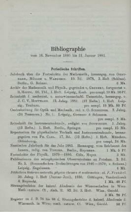 Bibliographie vom 16. November 1880 bis 31. Januar 1881.