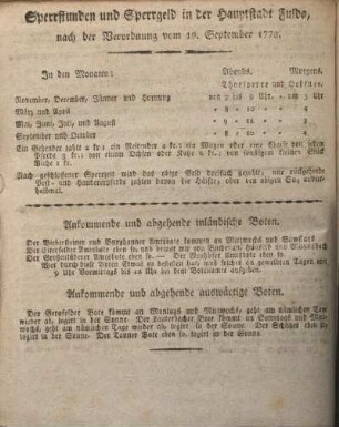 Sperrstunden und Sperrgeld in der Hauptstadt Fulda, nach der Verordnung vom 19. September 1778.