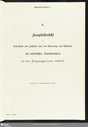 A. Hauptübersicht der Ueberschüsse und Zuschüsse sowie der Reinerträge und Aufwände des ordentlichen Staatshaushalts in der Finanzperiode 1896/97