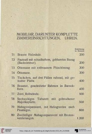 Mobiliar, darunter komplette Zimmereinrichtungen, Uhren (Nr. 71-108)