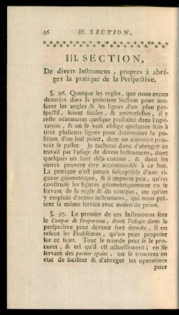 III. Section. De divers Instrumens, propres à abréger la pratique de la Perspective