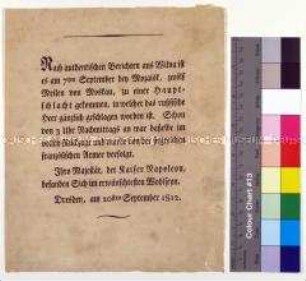 Bekanntmachung des Siegs der Grande Armee über die russischen Armee bei Moschaisk vor Moskau am 7. September 1812
