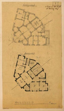 Wohnhaus, Eberswalde Monatskonkurrenz Juli 1880: Grundriss Keller, Dachgeschoss; Maßstabsleiste