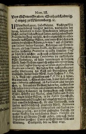 Num. III. Von Gottes Gnaden, EberhardLudwig, Hertzog zu Würtemberg, etc. - Num. IV.