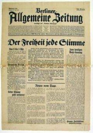 Tageszeitung "Berliner Allgemeine Zeitung" u.a. zur Reichstagswahl
