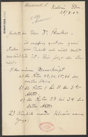 Brief an Ludwig Strecker  an B. Schott's Söhne : 26.08.1903
