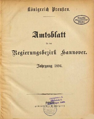 Amtsblatt für den Regierungsbezirk Hannover. 1894
