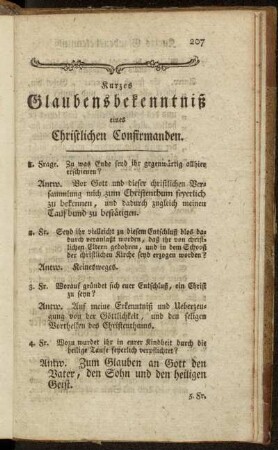 Kurzes Glaubensbekenntniß eines Christlichen Confirmanden.