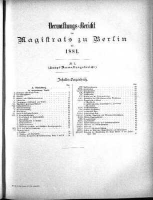 No. I. Verwaltungsbericht des Magistrats zu Berlin für 1881 (Haupt-Verwaltungsbericht)