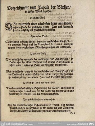 Vorzeichnuss und Inhalt der Bücher, in diesem Werck begriffen