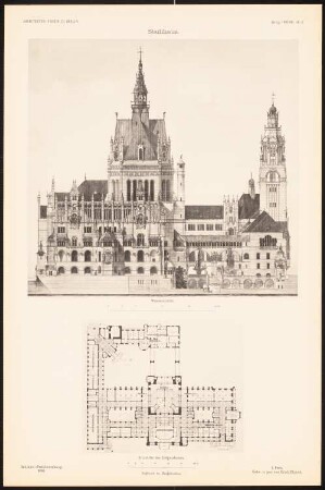 Stadthaus: Ansicht von der Wasserseite, Grundriss EG (aus: Entwürfe von Mitgl. d. AVB, Neue Folge 1897/98)