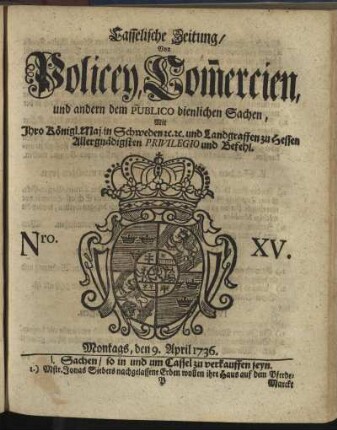 Nro. XV, Montags, den 9. April 1736