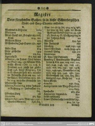 Register Derer fürnehmsten Sachen, so in dieser Schneebergischen Stadt- und Berg-Chronica enthalten