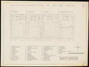 Vier Kleingärten von je 400 qm: 4 Kleingärten und Bepflanzungsplan: Grundriss 1:100